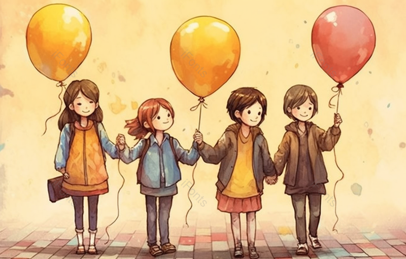 四个站立的小朋友开心的拿着气球背景,插画/手绘图,插画/手绘图库,插画/手绘图下载,插画/手绘